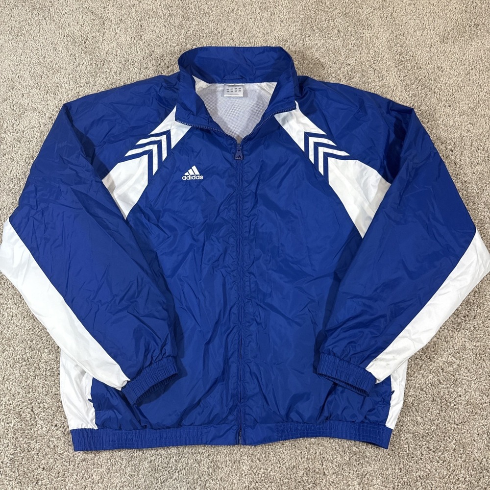 Vintage Adidas Y2K Blue White Windbreaker Jacket Men's XL Full Zip EUC Retro
